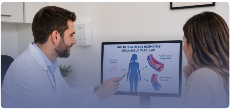 Doctor Quim hablando con una paciente sobre sus varices