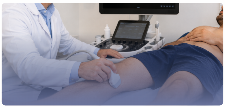 Doctor realizando una eco doppler a un hombre que sufre de varices