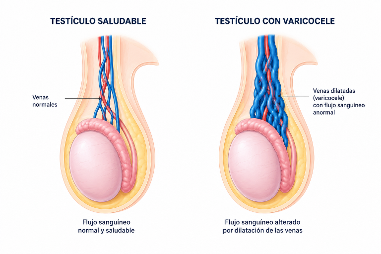 Imagen grafica comparativa de un hombre con varicocele, un problema de varices en los testiculos