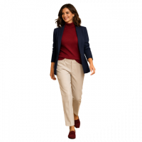 Una chica vestida con tonos Navideños caminando